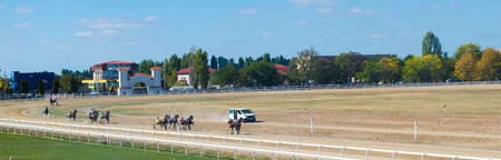 Ploiesti, Romania - October 07, 2018: A trotting horse race held on Ploiesti Hippodrome in Prahova, Romania.のeditorial素材