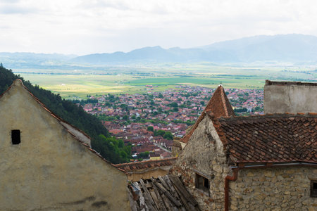 View of top of Rasnov city seen from Rasnov Fortressの写真素材