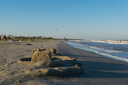 Corbu, Constanta, Romania - August 14, 2019: A sandcastle build by kids on the beach of Corbu, Romania.のeditorial素材
