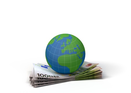 3d render of a small globe on top of a pile of 100 euro bills.の写真素材