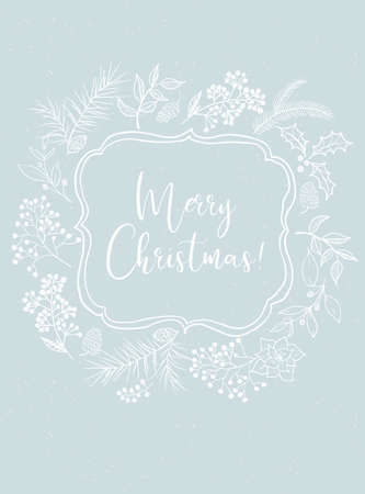 Vector Christmas illustration with floral wreath / frame on blue snowy background. Postcard / greeting card. Winter design. Merry Christmas!のイラスト素材