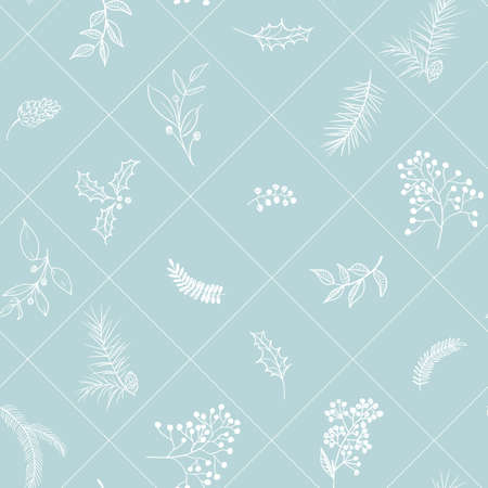 Seamless floral Christmas pattern with square lined white tree branches, fir cones, berries, leaves on blue background. Graphic illustration.の写真素材