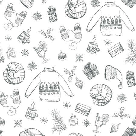 Seamless Christmas pattern with black sweaters, cat, gifts, mulled wine, mug, gloves, hat, Christmas tree toys, snowflakes on white background. Graphic illustration. Christmas props.の写真素材