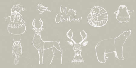 Vector Christmas illustration collection - snowman, owl, deer, cat, white bear, penguin on beige / grey snowy craft background. Winter design. Merry Christmas and Happy New Year!のイラスト素材