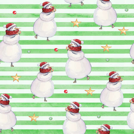 Watercolor hand drawn Christmas seamless pattern with stars and snowmen in red hat and red scarf on white-green striped backgroundの写真素材