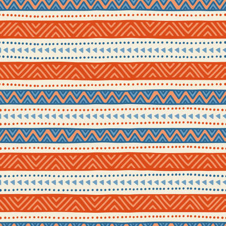 Simple striped seamless ethnic pattern. Blue, white and orange colors. Drawing by hand. Tribal motifs.のイラスト素材