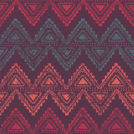 Zigzags - seamless ethnic background. Purple, turquoise, red color. Vector illustration.のイラスト素材