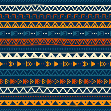 Seamless geometric background. Ethnic motives. Ornament handmade. Blue, orange and white colors. Vector illustration. Horizontal stripes.のイラスト素材