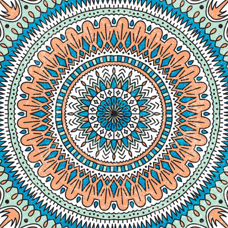Mandala. Vector background. Blue, white and coral colors. The circular pattern. Texture. Vintage.のイラスト素材