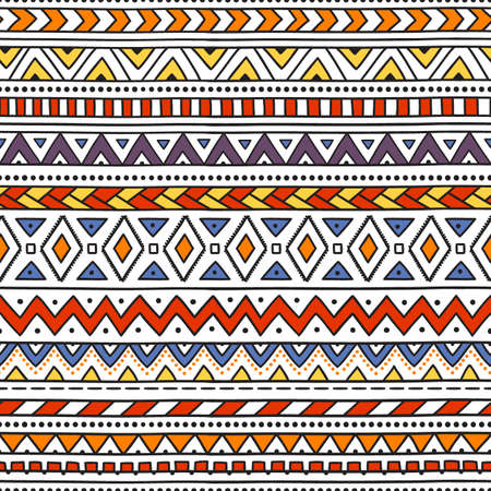 Colorful ethnic seamless pattern. Horizontal striped pattern. Handmade. Vector illustration. White background. Red, orange, blue, yellow, purple.のイラスト素材