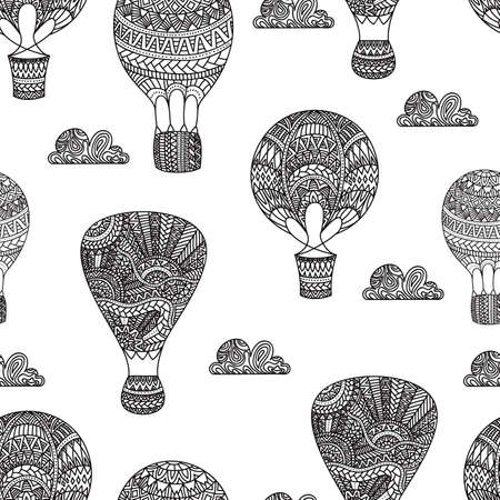 Hot air balloon, gas balloons, aircraft. Seamless black and white background. Ethnic and tribal motifs.のイラスト素材