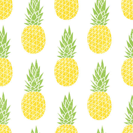 Cartoon pineapple on a white background. Simple background. Cute summer pattern. Seamless textile illustration in vintage style.のイラスト素材