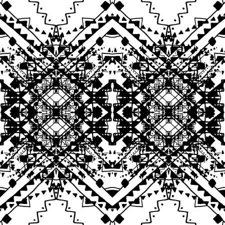 Seamless geometric pattern. Boho style. Ink abstract lines. Print kaleidoscope. Black and white. illustration of textile. Ethnic and tribal motifs.のイラスト素材