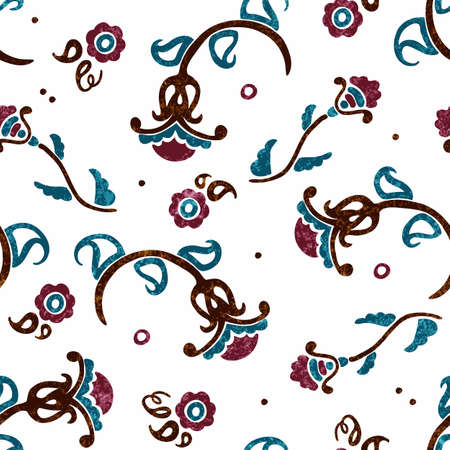 Seamless floral pattern. Simple vintage ornament. Cute print fabric. Blue, brown and purple color on a white background.のイラスト素材