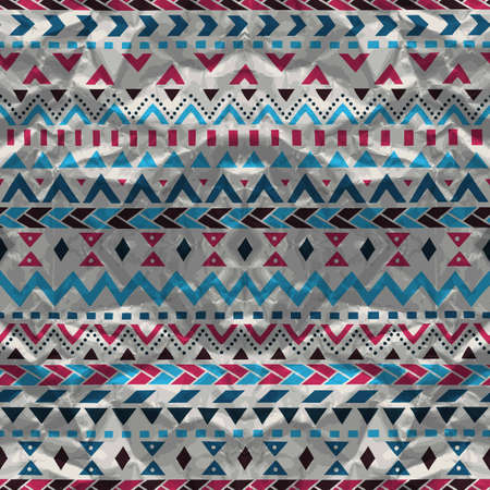 Seamless geometric background in tribal style. Crumpled gray texture. Blue, pink and gray colors. Bright pattern. Ethnic motives. illustration.のイラスト素材