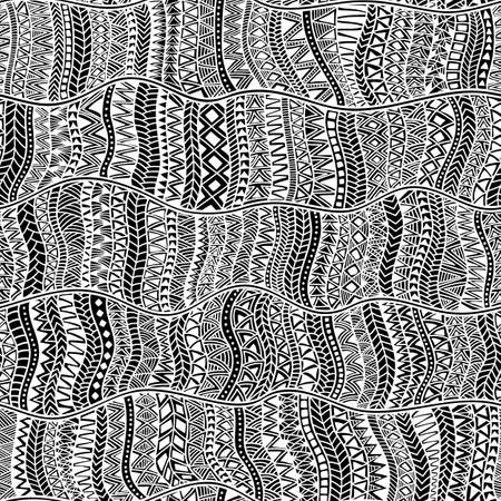 Seamless tribal pattern. Geometric ornament hand drawn. Black and white patchwork vector illustration.のイラスト素材