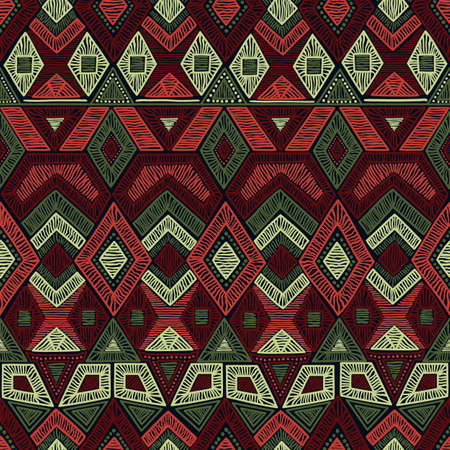 Seamless geometric pattern. Black, red, green and white colors. Bohemian vector illustration. Print for textiles. Carpet. Handmade.のイラスト素材