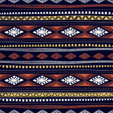 Seamless ethnic pattern. Multicolored geometric elements. Print for textiles with horizontal stripes.  illustration with tribal motifs.のイラスト素材