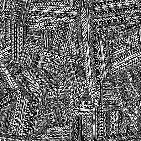 Seamless tribal pattern. Geometric ornament hand drawn. Black and white patchwork vector illustration.のイラスト素材