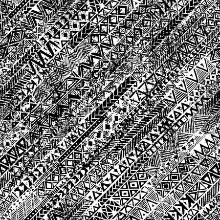 Grunge ethnic background. Seamless black and white pattern vector.のイラスト素材