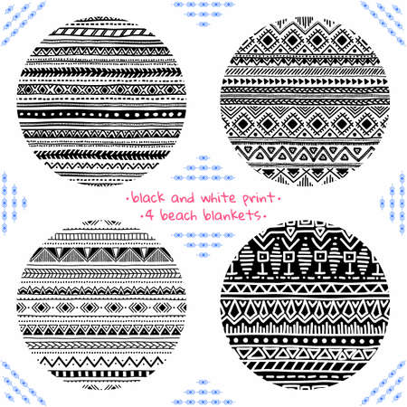 Round geometric print for a beach blanket. Lovely summer pattern. Black and white illustration drawn by hand.のイラスト素材
