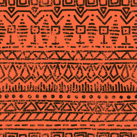 Seamless ethnic grunge background. Geometric pattern. Handmade. Tribal motifs. Black elements on an orange background in grunge style.のイラスト素材
