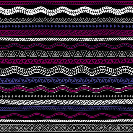 Seamless ethnic background. Dark wallpaper, print to your textiles. Purple, blue, white and gray elements on a black background. Geometric abstraction drawn by hand. Striped pattern.のイラスト素材