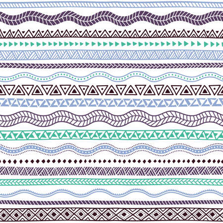 Geometric seamless pattern. Tribal and ethnic motifs. Blue, turquoise and brown elements on a white background. Wavy ornament drawing by hand.のイラスト素材
