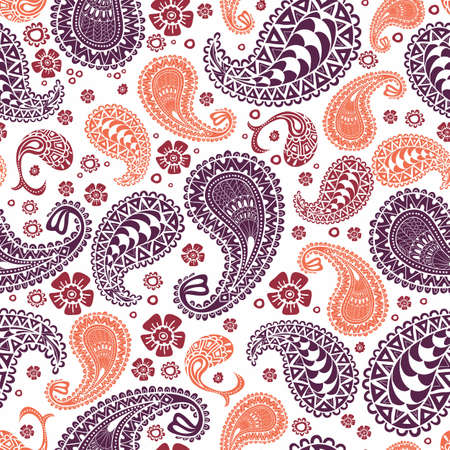 Paisley seamless pattern. Turkish cucumber. Coral, purple, burgundy curls on a white background. Handmade.のイラスト素材