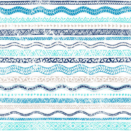 Summer seamless wavy pattern. Ethnic and tribal motifs. Striped ornament. Turquoise, blue, beige, aquamarine waves on a white background. Vintage old illustration in grunge style. Vector background.のイラスト素材