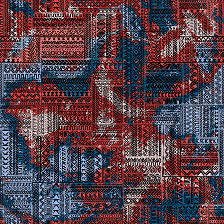 Seamless pattern of patchwork. Watercolor texture. Ethnic and tribal motifs. Drawing by hand. Grunge. Blue, pink, red, white and black colors. Colorful print for textiles. Vector illustration.のイラスト素材