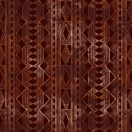 Geometric seamless pattern. Vertical orientation. Brown watercolor stains. Grungy texture. Ethnic and tribal motifs. Vector illustration.のイラスト素材
