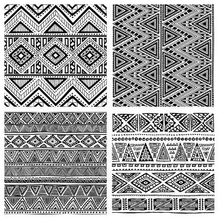 Set of seamless geometric patterns. Tribal and ethnic motifs. Black-and-white print for textiles.のイラスト素材