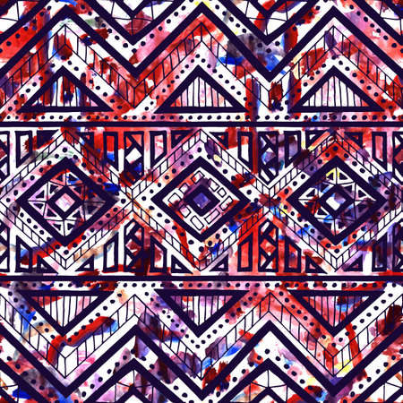 Bright seamless pattern. Watercolor texture. Ethnic and tribal motifs. Geometric ornament. Textile print. White, black, blue and red colors. Vector illustration.のイラスト素材