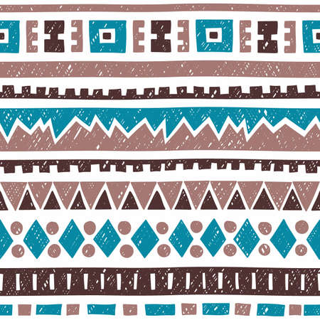 Seamless geometric pattern. Blue, brown and gray elements on white background. Ethnic and tribal motifs. Vintage ornament. Vector illustration.のイラスト素材
