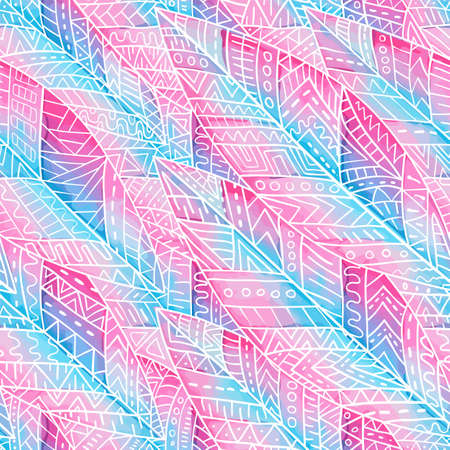 Seamless pattern in the style of zentangl. Blue, pink and white watercolor stains. Vector illustration.のイラスト素材