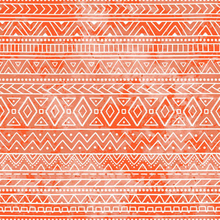 Seamless geometric pattern. Ethnic and tribal motifs. Bright orange ornament. Watercolor texture. Vector illustration.のイラスト素材