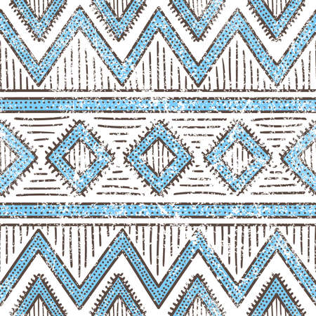 Seamless ethnic pattern. Aztec and tribal motifs. Grunge texture. Blue and white print for your textiles. Vintage pattern. Vector illustration.のイラスト素材