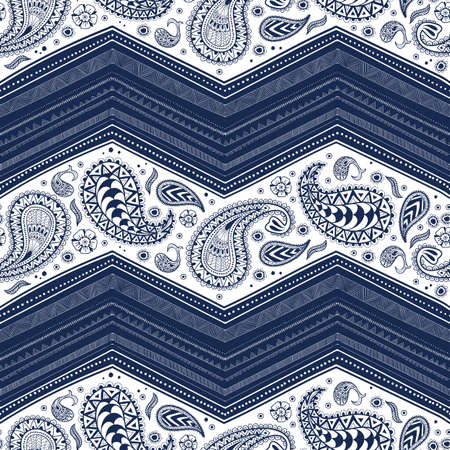 Seamless bohemian ornament. Ethnic and tribal motifs. Paisley pattern. Geometric elements, zigzag. Blue and white print for your textiles. Handmade. Vector illustration.のイラスト素材