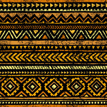 Golden seamless print. Ethnic and tribal motifs. Yellow geometric elements on a black background. Grunge texture. Vintage print. Vector illustration.のイラスト素材