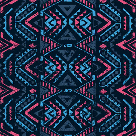 Seamless geometric pattern. Ethnic and tribal motifs. Grunge texture. Print for your textiles. Pink and blue colors. Vector illustration.のイラスト素材