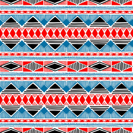 Seamless ethnic pattern. Blue, red, black and white colors. Handmade. Striped summer print. Aztec and tribal motifs. Vector illustration.のイラスト素材