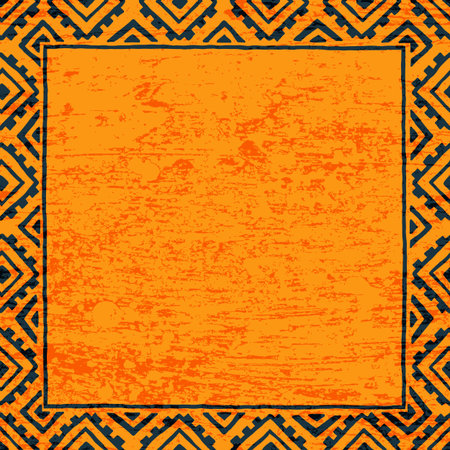 Empty square frame for your text. Black and orange color. Grunge texture. Vintage print. Ethnic and...