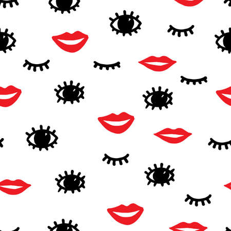 Red lips, black eyes and eyelashes on a white background.のイラスト素材