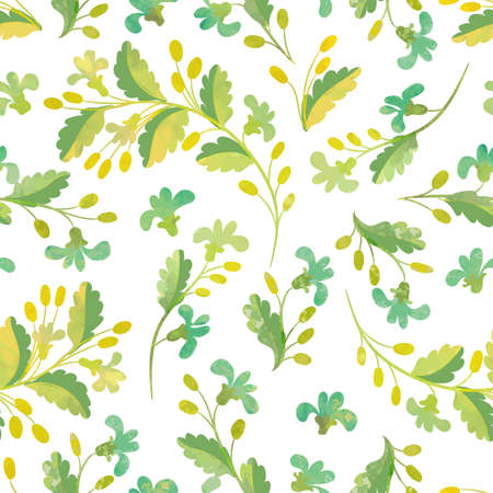 Seamless floral pattern. Watercolor flowers and berries on a white background. Grunge texture. Yellow and green colors. Summer print. Vector illustration.のイラスト素材