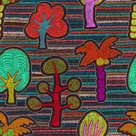 Embroidered seamless pattern. Cartoon trees, forest, palm trees. Handmade. Striped print. Vector...