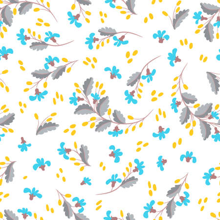 Small flowers, berries, leaves on a white background. Floral seamless pattern. Cute vintage background. Prints for textiles. Vector illustration.のイラスト素材