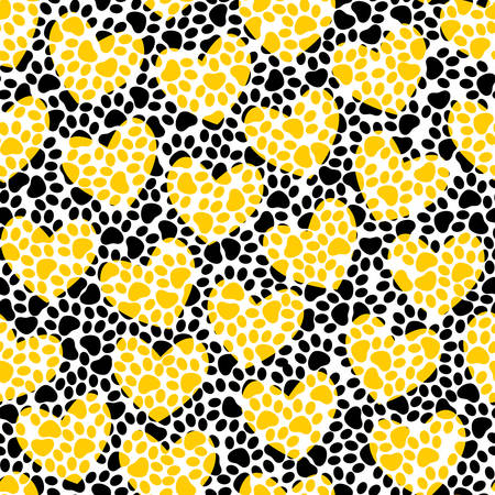 Cartoon traces of dogs - seamless print. The paw is imprinted in the shape of a heart. Vector illustration.のイラスト素材