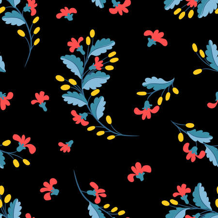 Seamless floral pattern. Small branches with flowers and berries and leaves on a black background. Prints for textiles. Vector illustration.のイラスト素材