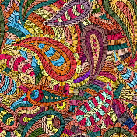 Seamless embroidered pattern. Ornament in the style of paisley. The patchwork print, vector illustration.のイラスト素材